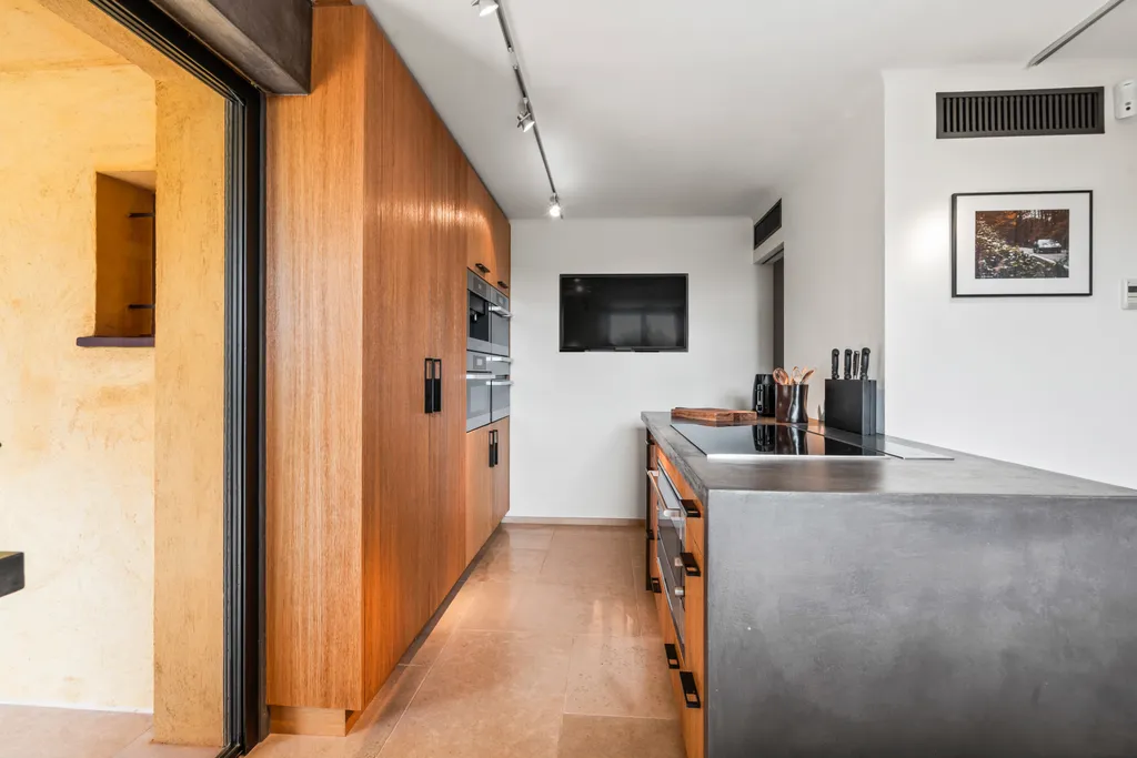 The kitchen, a concrete-topped island and integrated ovens in walnut cabinetry