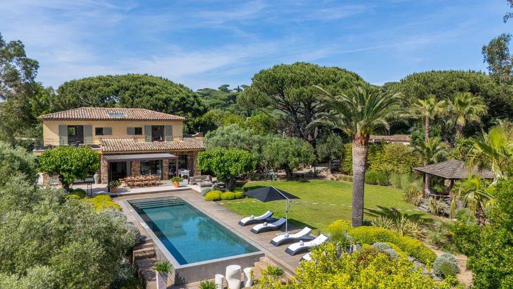 Elevated view of the villa, pool and lawns with the garden pavilion and palms