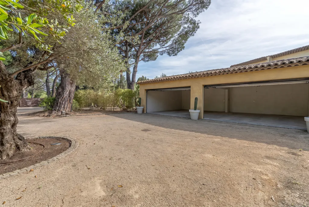 The open double garage and its gravel forecourt, shaded by an old olive