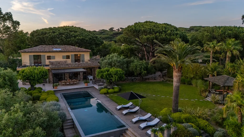 Elevated view at dusk of the villa, pool and garden beneath a tall palm